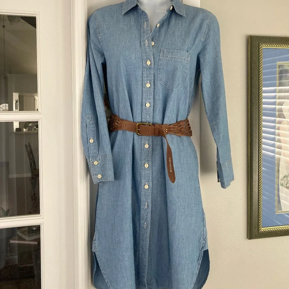 J Crew Vintage Long Sleeve Denim Look Button Down Dress With Leather Belt OOP